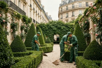 Équipe de jardiniers professionnels entretenant un jardin parisien avec des haies taillées et des allées en gravier, immeubles haussmanniens en arrière-plan