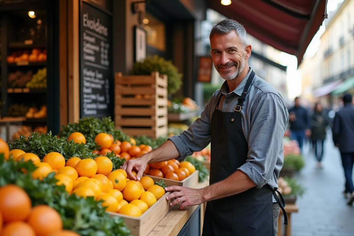 Épicier arrangeant des fruits et légumes frais devant sa boutique de quartier