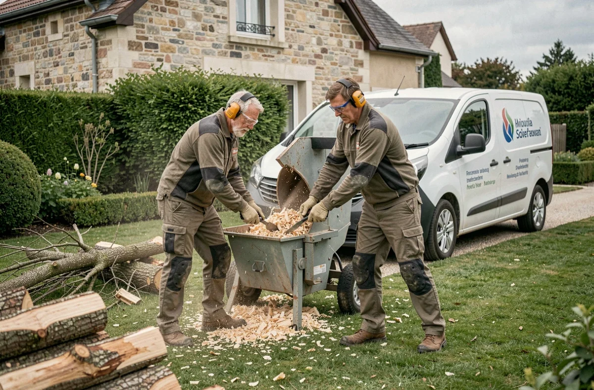 Deux élagueurs utilisant un broyeur de branches dans un jardin résidentiel à Poitiers