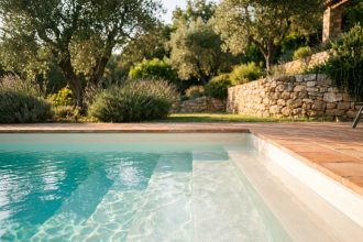 Escalier de piscine en polymère blanc avec quatre marches larges descendant dans une eau turquoise, entouré d'un jardin méditerranéen avec carrelage en terre cuite