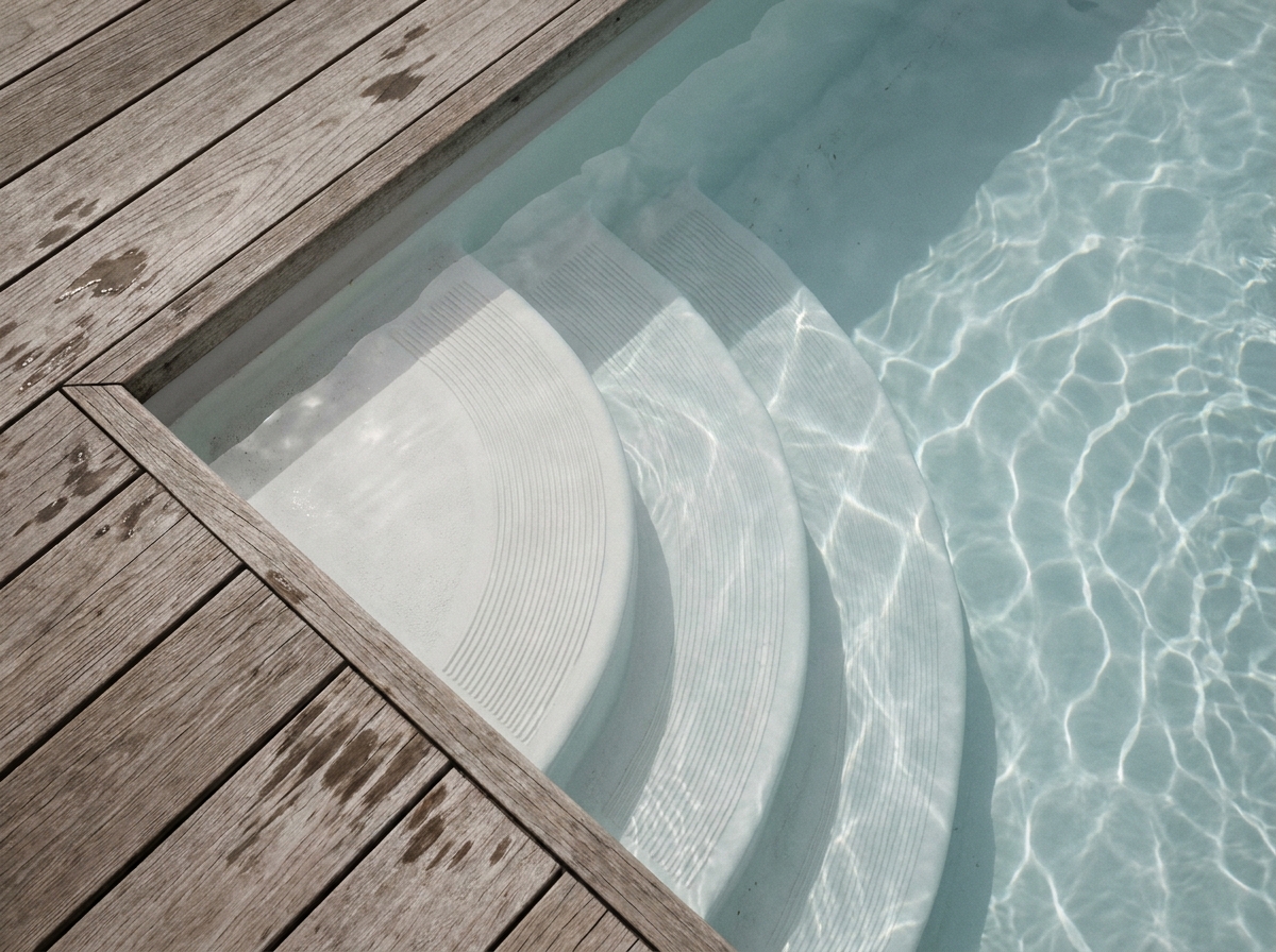 Gros plan sur un escalier romain en béton blanc avec surface antidérapante texturée, partiellement immergé dans une piscine hors-sol avec terrasse en bois composite