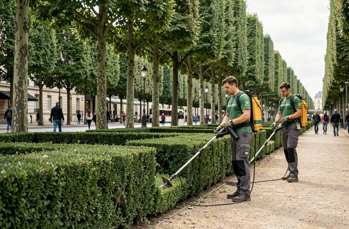 Équipe Espaces Verts Services entretenant une grande haie formelle dans un espace vert public parisien, allée de platanes en arrière-plan