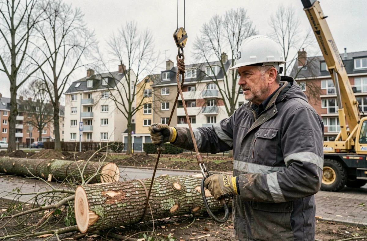 Arboriste dirigeant une opération d'abattage assistée par grue en milieu urbain dans le Nord, représentant Etablissement David