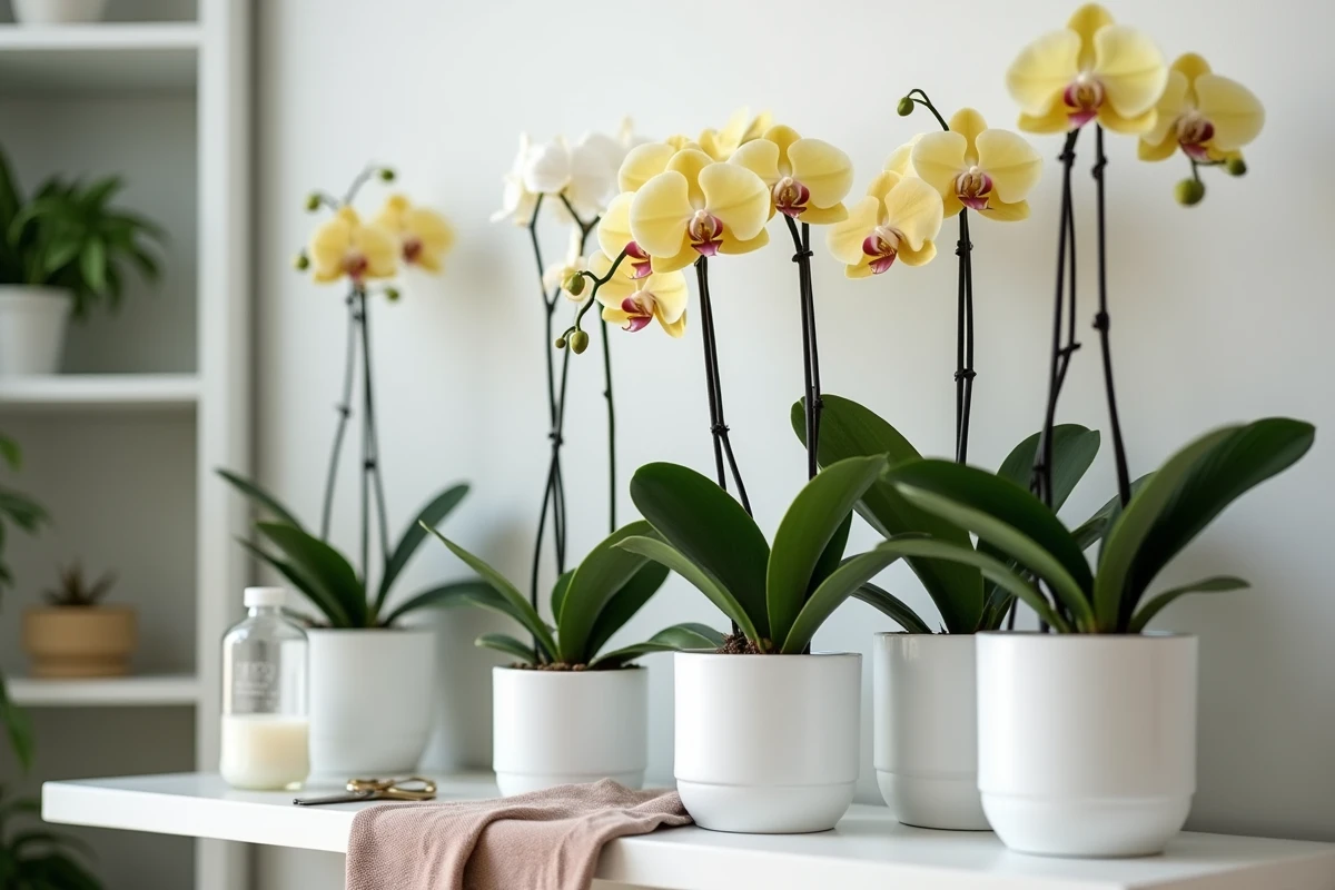 Étagère d'appartement avec orchidées saines et orchidée aux feuilles jaunissantes avant taille, avec ciseaux posés à côté
