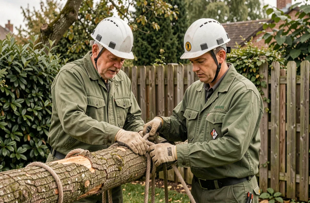 Équipe père et fils d'élagueurs professionnels travaillant ensemble sur un tronc d'arbre dans un jardin du Nord, représentant ETS Fernandes et Fils