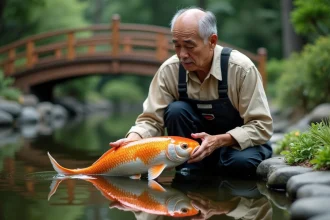 Spécialiste koi tenant un carpe Kohaku hors de l'eau pour évaluation et valorisation du cheptel