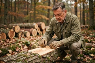 Homme examinant une grume de bois de chauffage en forêt en automne