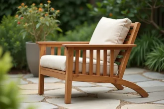 Fauteuil de jardin en teck massif posé sur une terrasse en pierre naturelle entourée de végétation