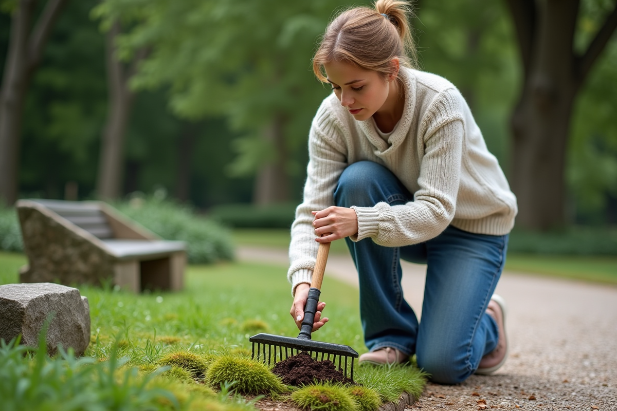 Femme utilisant un râteau pour aérer le sol dans un parc