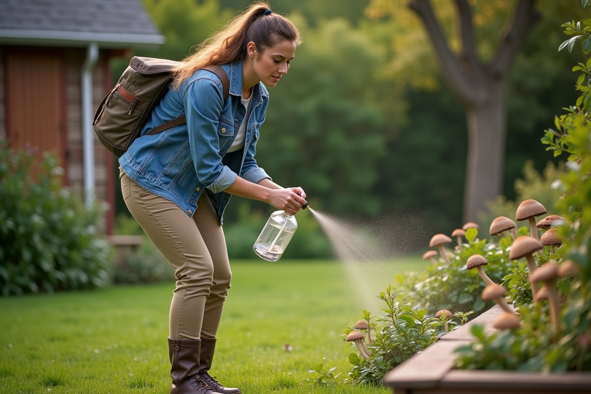 Femme appliquant un spray antifongique naturel sur des champignons