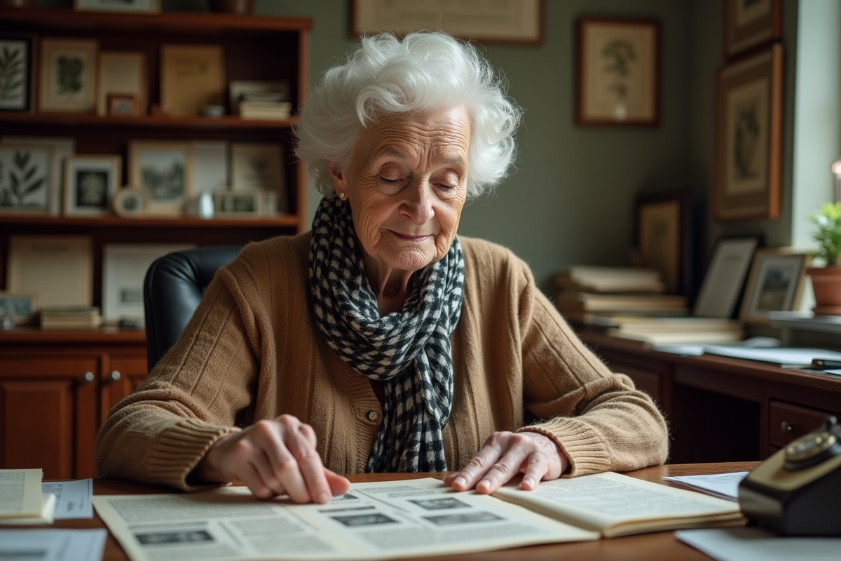 Femme âgée feuilletant papiers et photos dans un bureau vintage