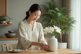 Femme élégante arrangeant un bouquet de fleurs blanches dans un salon lumineux