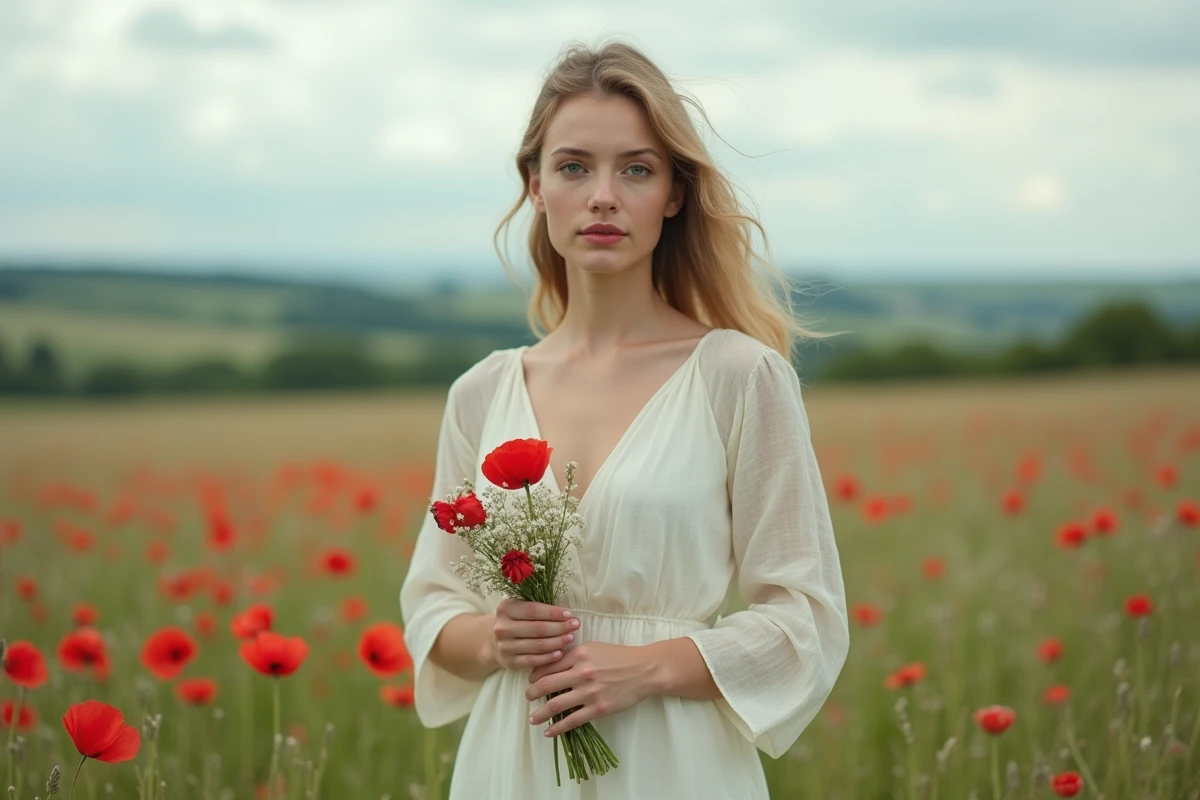Femme tenant un bouquet de coquelicots dans un pré fleuri, symbolisme du deuil et de la liberté