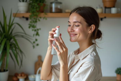 Jeune femme vaporisant une brume d'eau naturelle sur le visage