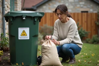 Femme examinant un sac de compost dans le jardin