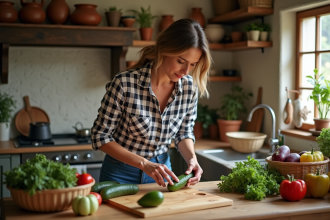 Femme d'âge moyen tournant un concombre dans une cuisine rustique