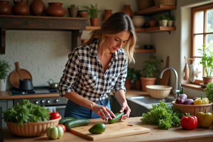 Femme d'âge moyen tournant un concombre dans une cuisine rustique