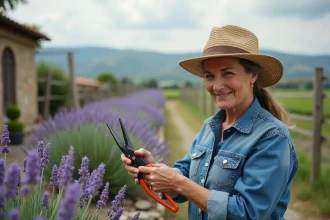 Femme en chapeau de paille cueillant de la lavande dans le jardin