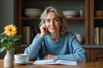 Femme en cuisine lisant un livre de mots fléchés avec une fleur en forme U