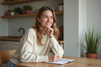 Femme écrivant dans un carnet dans une cuisine chaleureuse