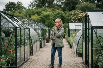 Femme examinant des serres de jardin dans une pépinière