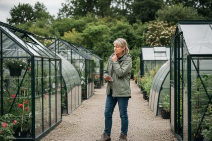 Femme examinant des serres de jardin dans une pépinière