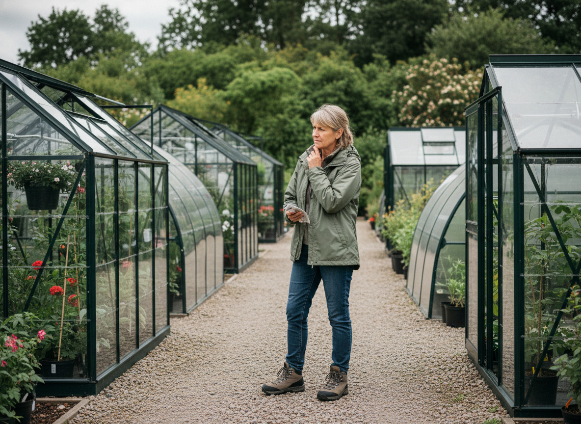 Femme examinant des serres de jardin dans une pépinière