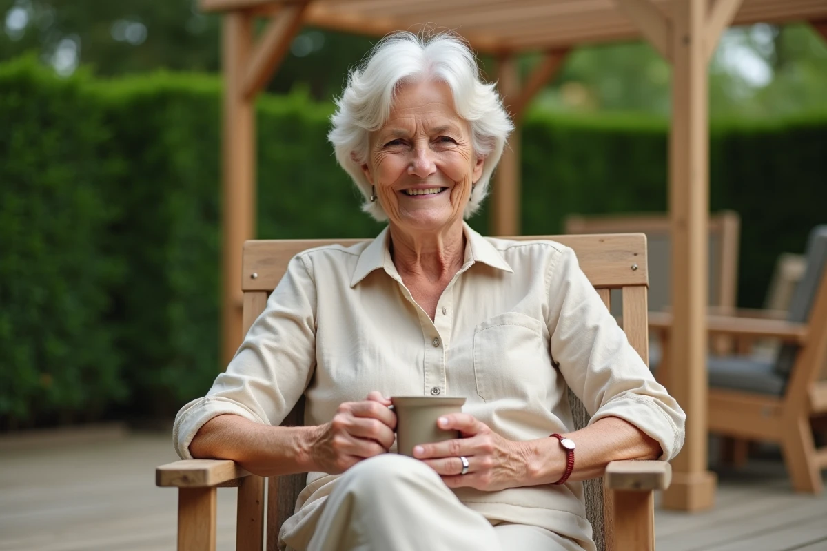 Femme assise dans un fauteuil de jardin en teck sur une terrasse en bois avec une tasse à la main