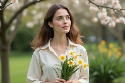 Femme en blouse crème tenant un bouquet de fleurs de printemps