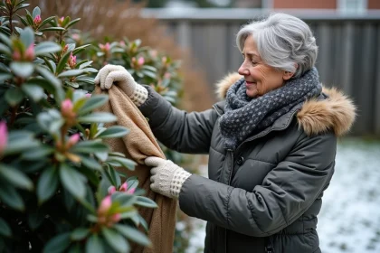 Femme en hiver enveloppant un rhododendron dans un jardin