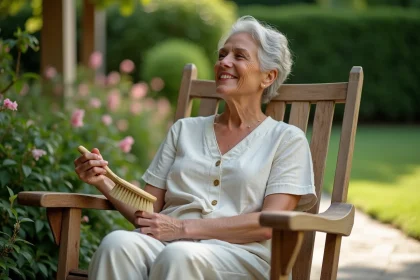 Femme assise dans un fauteuil en bois dans le jardin
