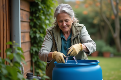 Femme en jardin récupérant l'eau de pluie dans un baril bleu
