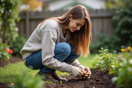 Jeune femme récoltant des champignons dans le jardin