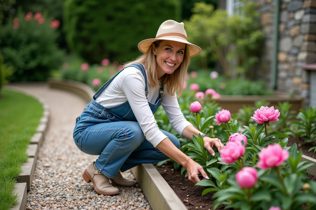 Femme en salopette arrangeant des pivoines roses dans le jardin