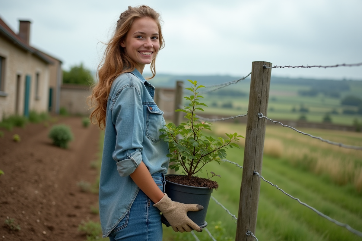 Jeune femme plantant un arbre en pleine campagne