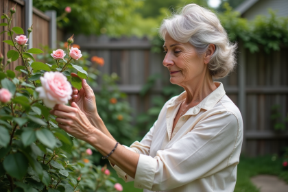 Femme examinant des roses dans un jardin paisible