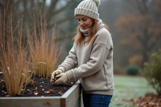Femme en laine et bonnet cueillant de la sauge dans le jardin