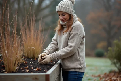 Femme en laine et bonnet cueillant de la sauge dans le jardin