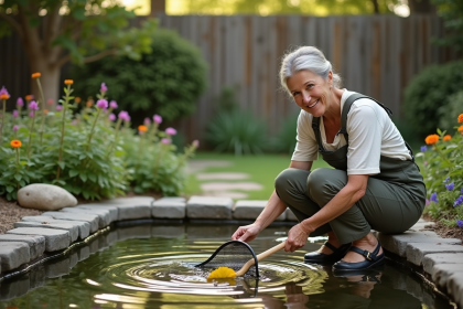 Femme d'âge moyen nettoyant un étang de jardin avec un filet