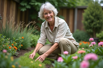 Femme d'âge moyen en jardinage dans un jardin fleuri