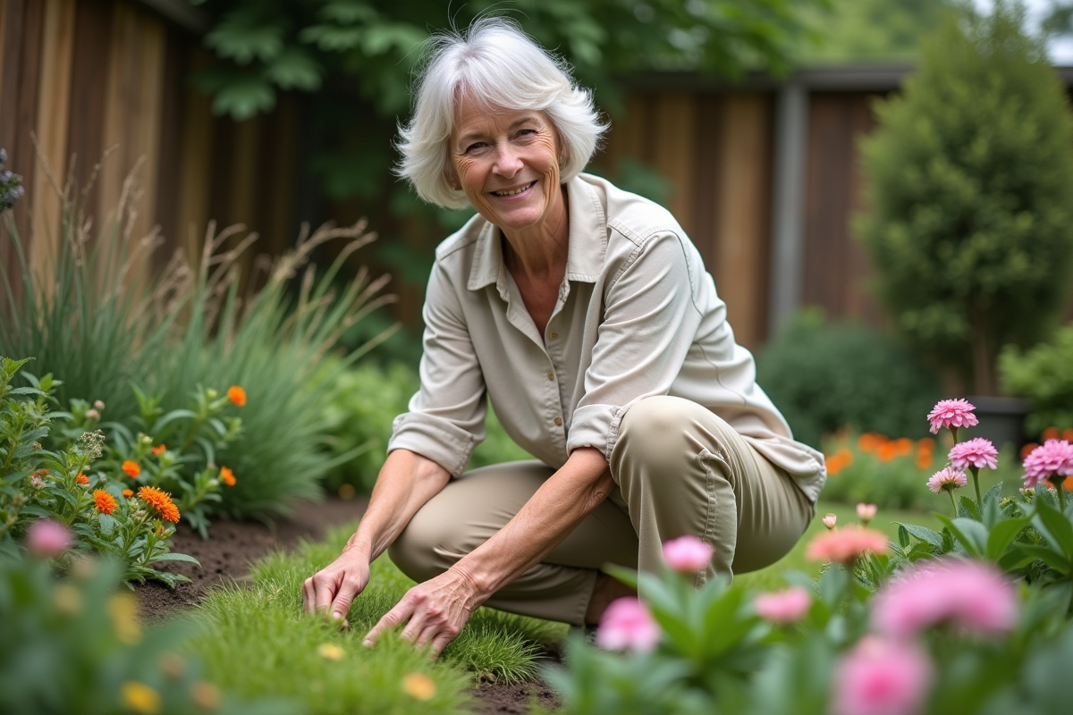 Femme d'âge moyen en jardinage dans un jardin fleuri