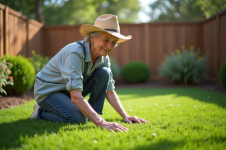 Femme âgée examine la hauteur du gazon artificiel dans son jardin