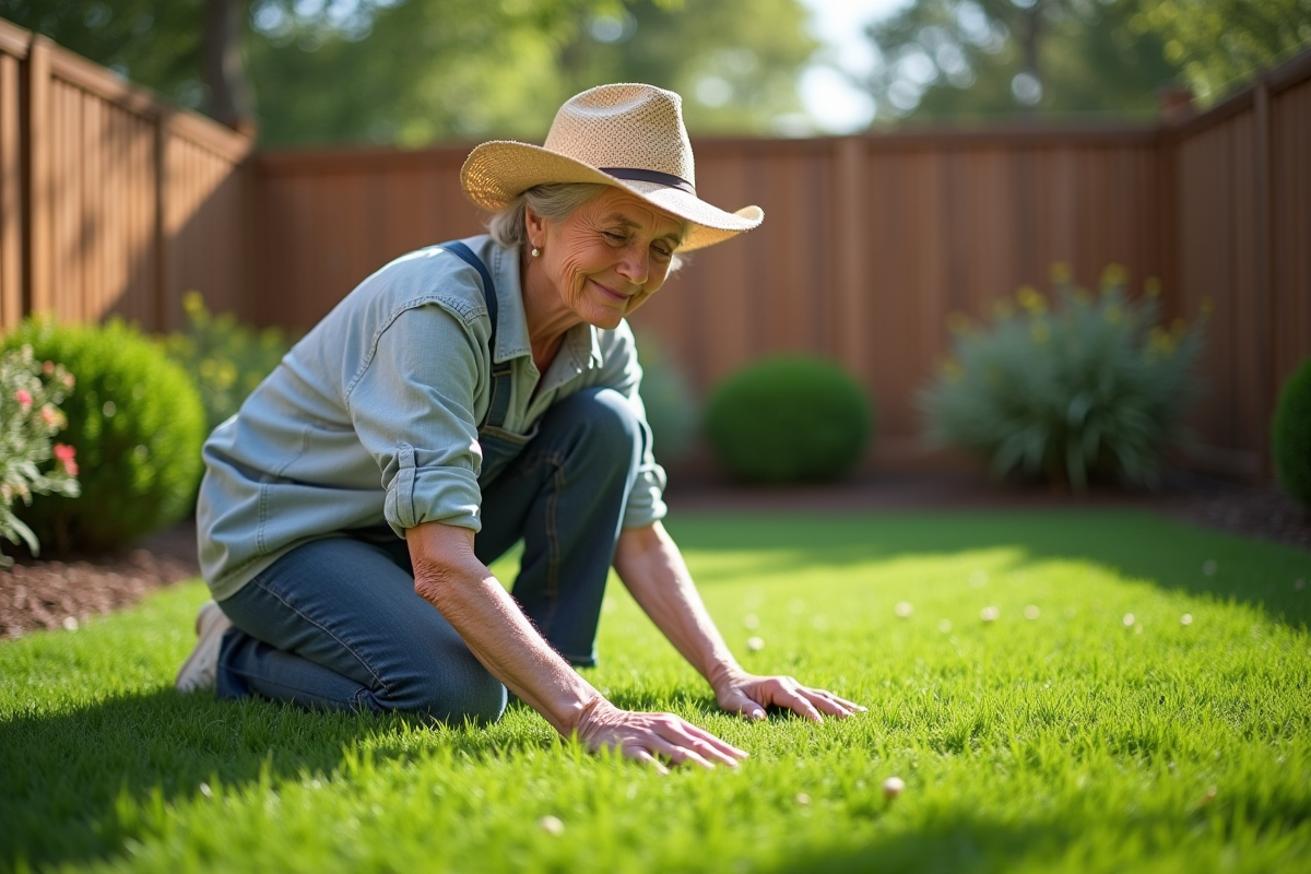 Femme âgée examine la hauteur du gazon artificiel dans son jardin