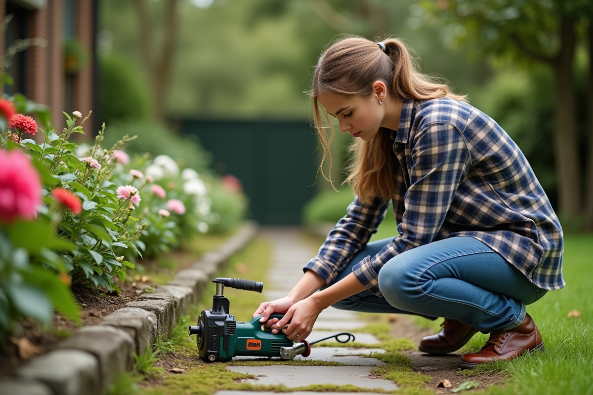Jeune femme examine un outil de jardin près de plantes fleuries