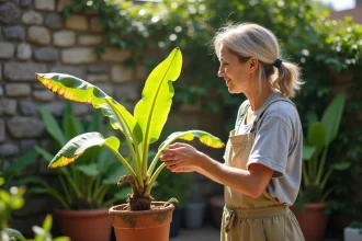 Femme inspectant un plantain jaunissant dans un jardin
