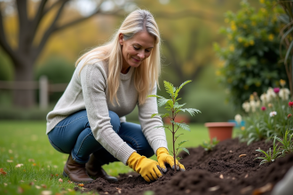 Femme plantant une jeune plante dans le jardin