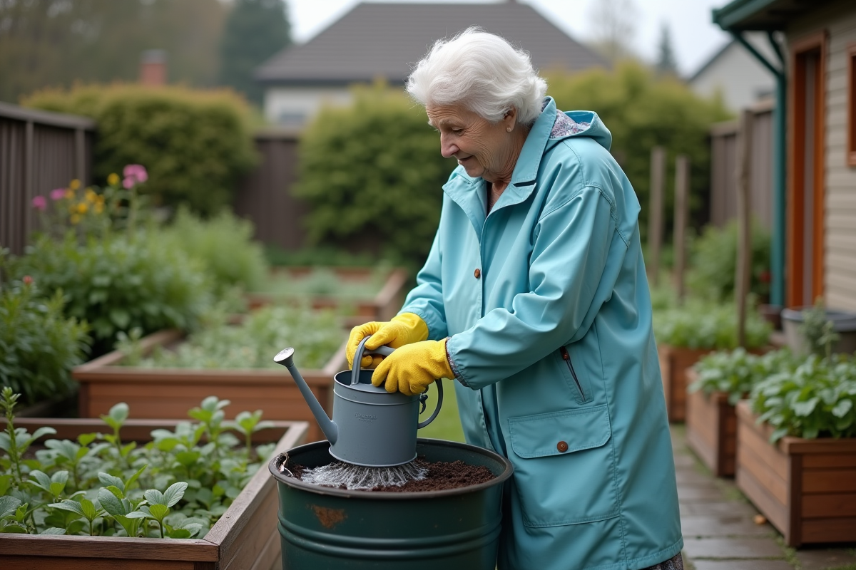 Femme âgée remplissant un arrosoir près d