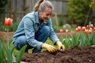 Femme en vêtements de jardinage déterrant des tulipes fanées dans un jardin
