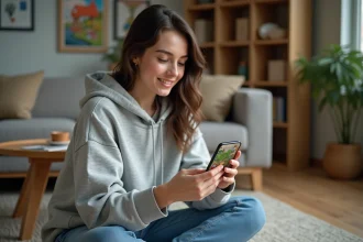 Femme jouant au jeu du nain de jardin Google sur son smartphone, assise sur un plancher en bois dans un appartement cosy