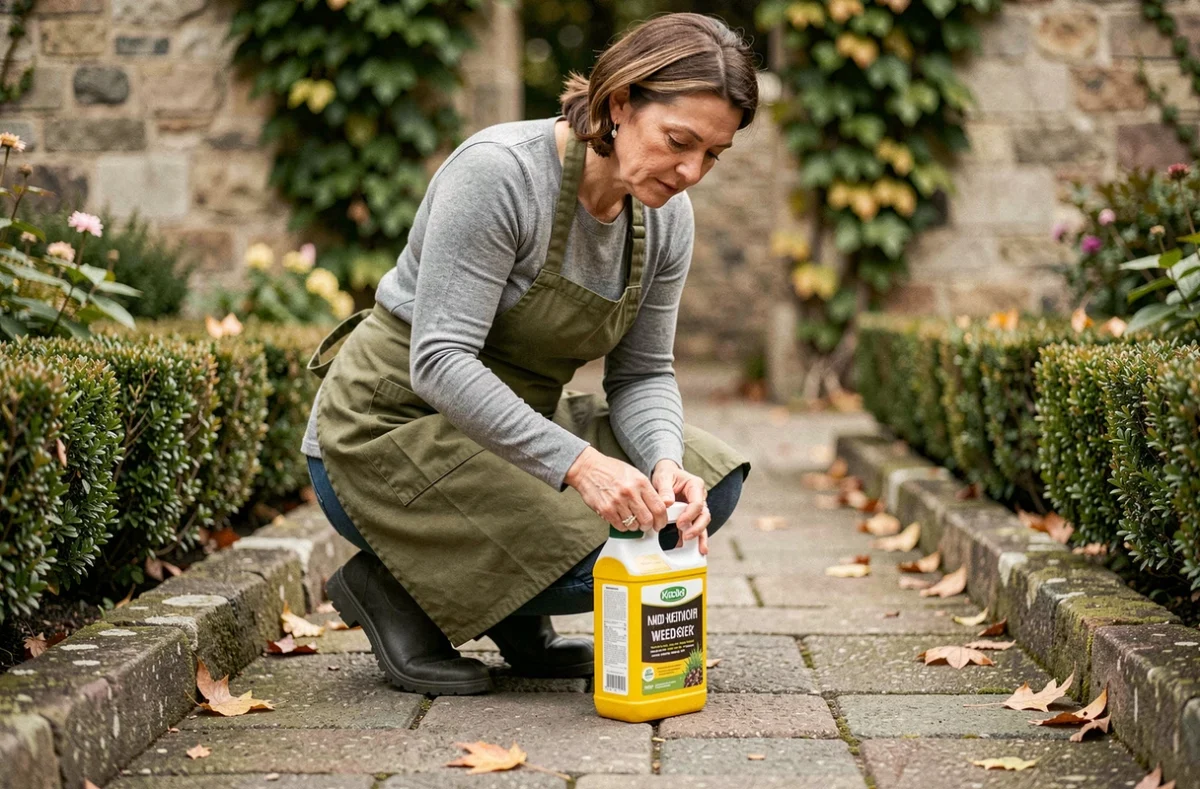 Femme lisant l'étiquette d'un désherbant adapté aux paves autobloquants avant application dans un jardin